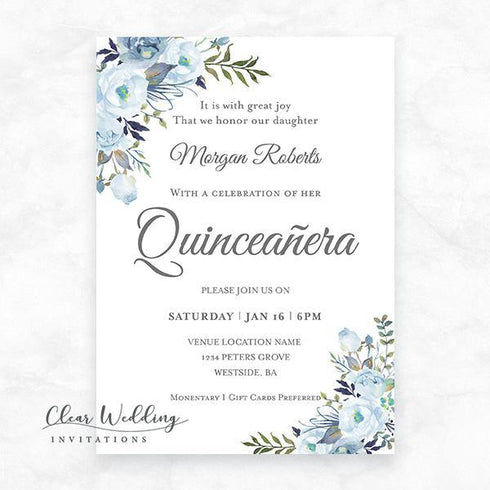 light blue floral cheap quinceanera invitations CWIB06