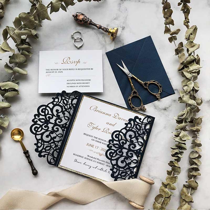 Navy Blue Champagne Glitter Laser Cut Wedding Invitation Cards