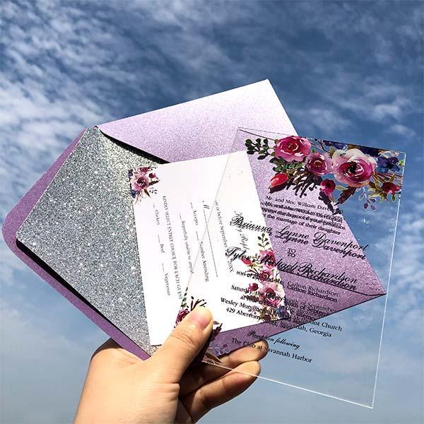 classic fall magenta shades of purple floral clear acrylic wedding invitations CWIA06