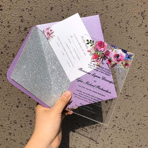 classic fall magenta shades of purple floral clear acrylic wedding invitations CWIA06