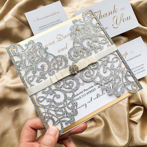 luxury silver gold glitter laser cut wedding invitations CWIL02