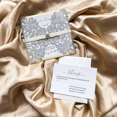 luxury silver gold glitter laser cut wedding invitations CWIL02