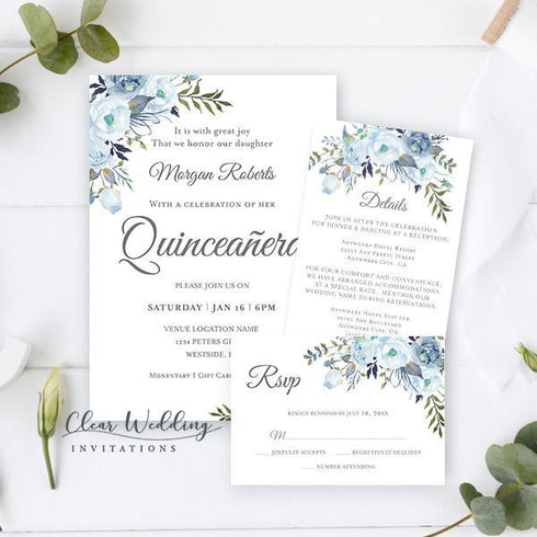 light blue floral cheap quinceanera invitations CWIB06