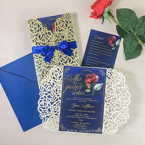 beauty and the beast laser cut invitations for xv anos, sweet 16, wedding, birthday party CWIL34