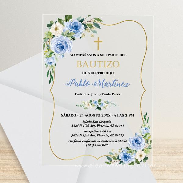 blue white framed floral bautizo acrylic invitation for boy CWIBP10