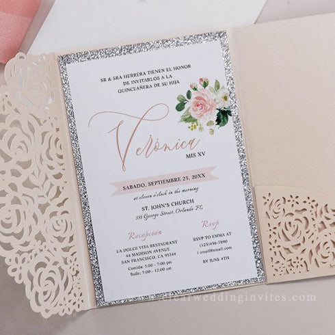 blush pink glittery laser cut pocket wedding invitations CWIL12