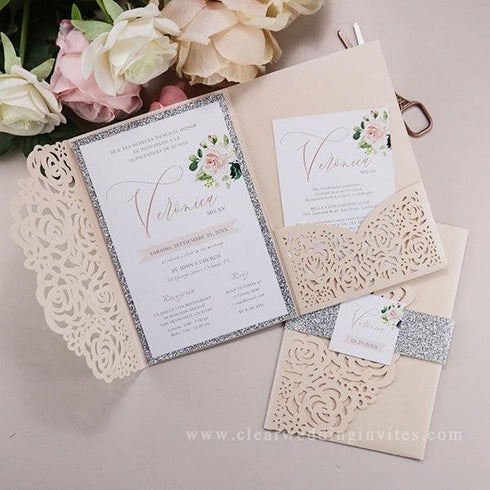 blush pink glittery laser cut pocket wedding invitations CWIL12