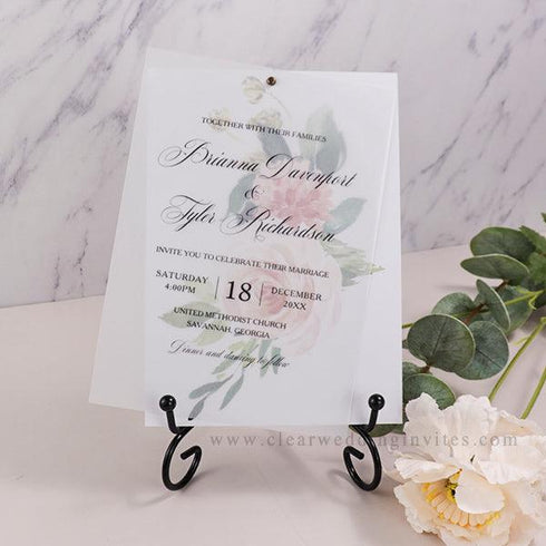 blush and green floral layered vellum overlay wedding invitations CWIV33