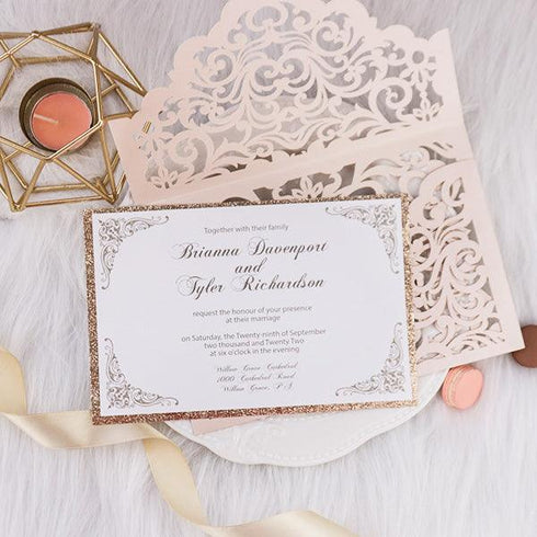 vintage style blush shimmer and rose gold glitter pocket wedding invitation CWIL95