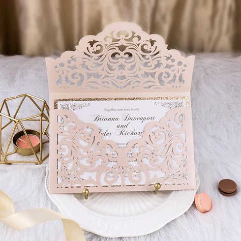 vintage style blush shimmer and rose gold glitter pocket wedding invitation CWIL95