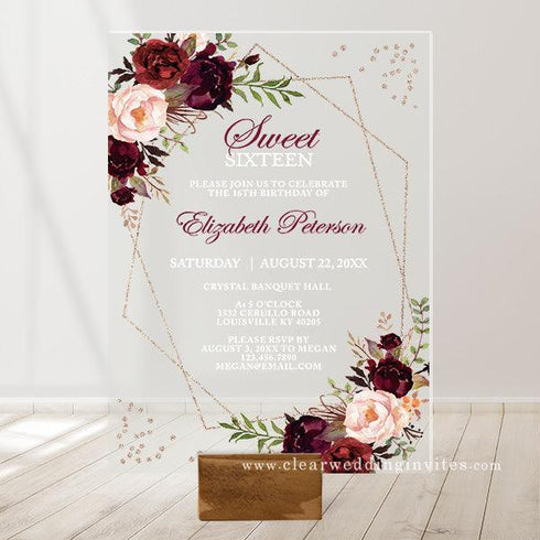 Blush Burgundy Floral Gold Frame Sweet Sixteen 16 Acrylic Invitation CWIA153