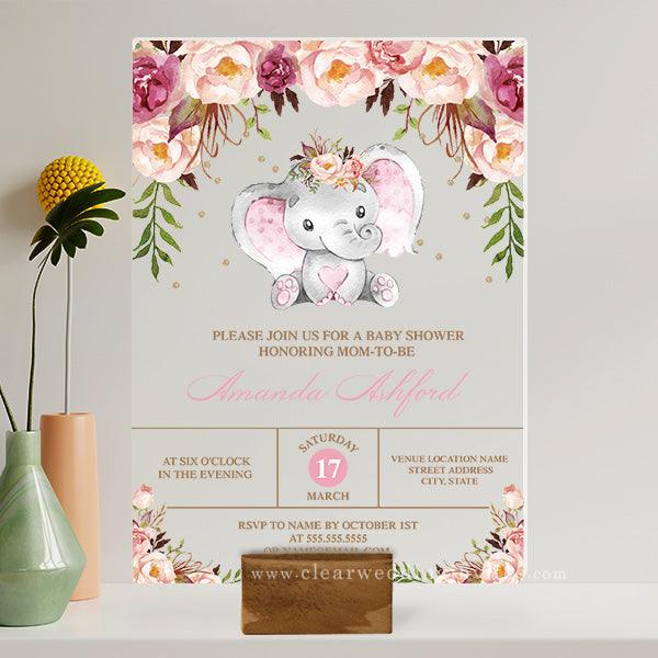Blush Floral Elephant Acrylic Baby Shower Girl Invitation CWIBA07