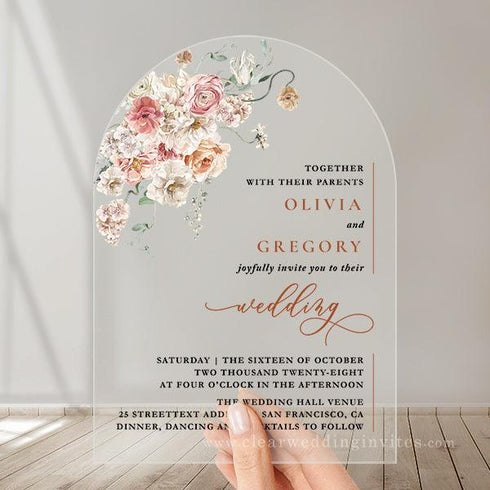 bohemian whimsical coral and terracotta floral arch acrylic wedding invitation CWIA207