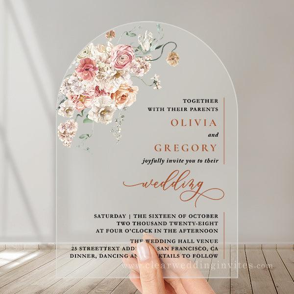bohemian whimsical coral and terracotta floral arch acrylic wedding invitation CWIA207