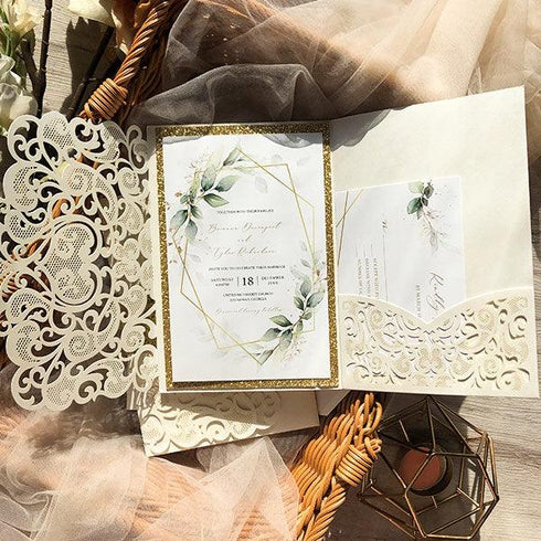botanical green and gold geometric pocket laser cut wedding invitations CWIL84