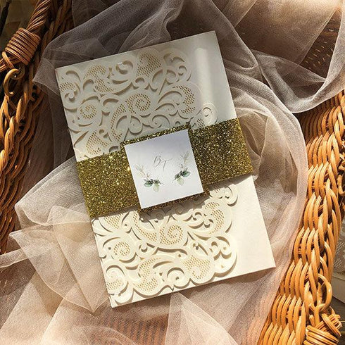 botanical green and gold geometric pocket laser cut wedding invitations CWIL84