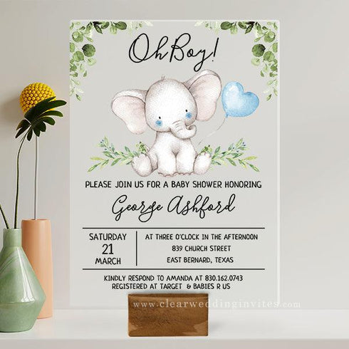 Boy's Elephant Watercolor Baby Shower Clear Acrylic Invitation CWIBA01
