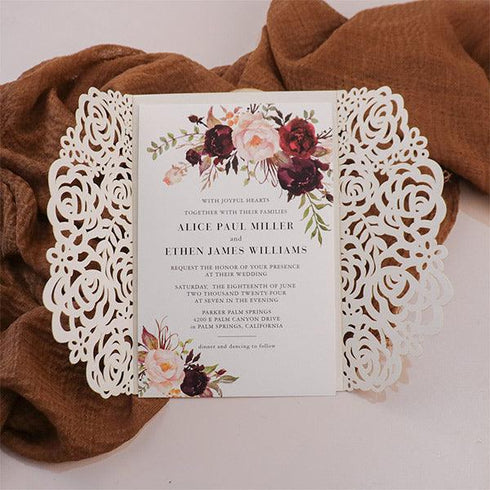 burgundy pink blooms rose gold glitter laser cut wedding invitations CWIL51