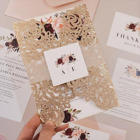 burgundy pink blooms rose gold glitter laser cut wedding invitations CWIL51