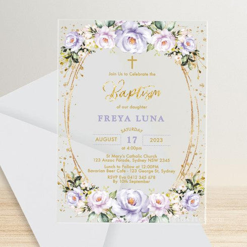 chic lavender lilac floral gold acrylic baptism baby shower invitation CWIBP09