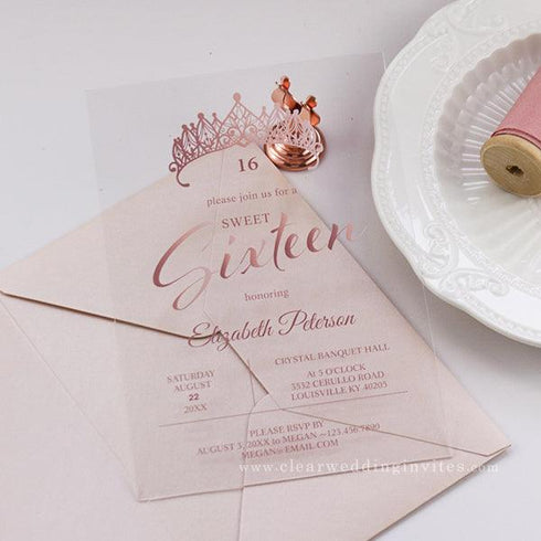 rose gold pink princess sweet 16 quince quinceanera acrylic invitation CWIA168
