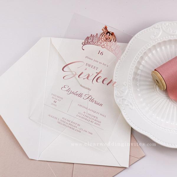 rose gold pink princess sweet 16 quince quinceanera acrylic invitation CWIA168