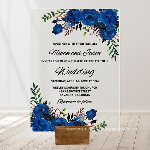 Elegant Royal Blue Floral Acrylic Wedding Invitation CWIA169