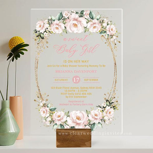 Soft Boho Blush Floral Wreath Girl Baby Shower Acrylic Invitation CWIBA04