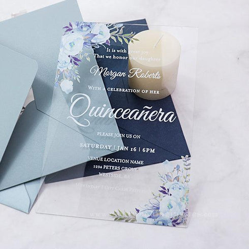 Cool light blue dusty blue quinceanera acrylic invitation CWIA95