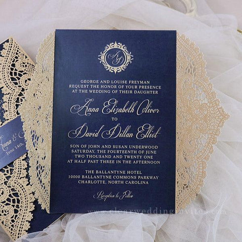 copper gold laser cut wedding invitations with navy cards and bands CWIL10