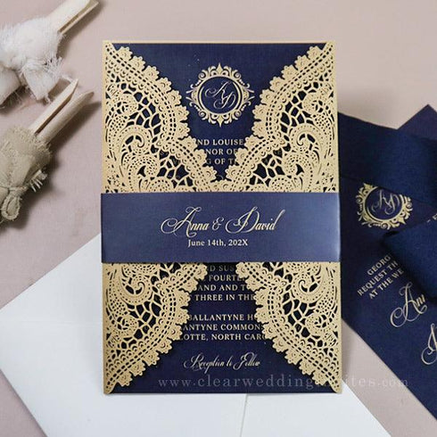 copper gold laser cut wedding invitations with navy cards and bands CWIL10