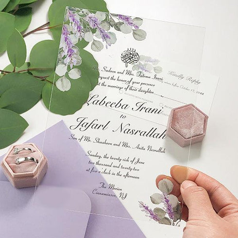 Lavender and Eucalyptus Affordable Clear Wedding Invitations CWIA60