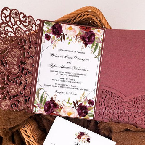deep wine and blush rustic pocket wedding invitations CWIL79