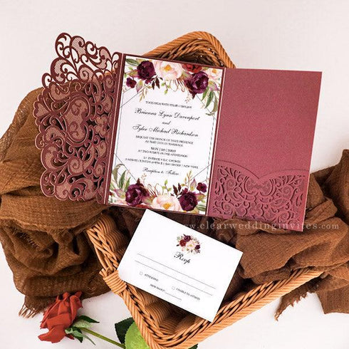 deep wine and blush rustic pocket wedding invitations CWIL79