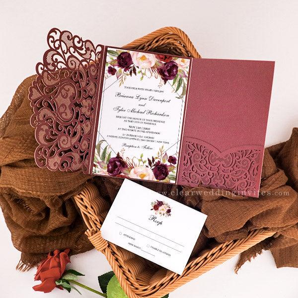deep wine and blush rustic pocket wedding invitations CWIL79