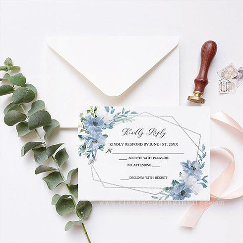 dusty blue and white floral elegant acrylic wedding invites CWIA92