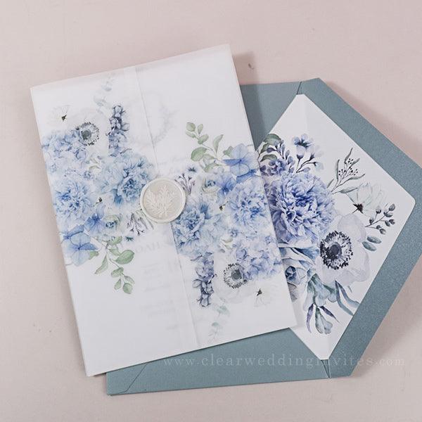 garden dusty blue florals vellum wedding invitations CWIV37