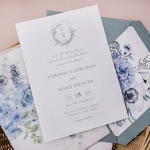 garden dusty blue florals vellum wedding invitations CWIV37