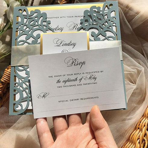 elegant dusty blue and ivory laser cut wedding invitations with gold liner CWIL85