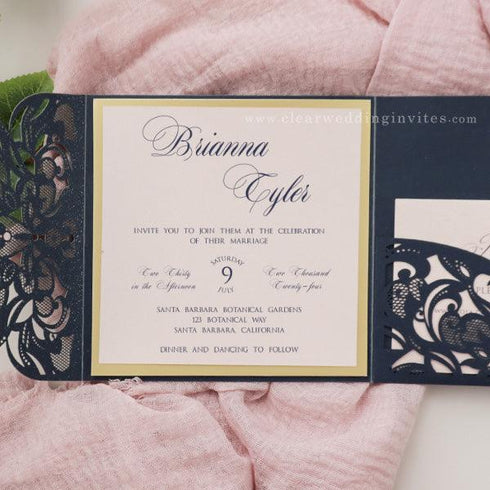 dusty blush and navy pocket wedding invitations with gold liner CWIL74