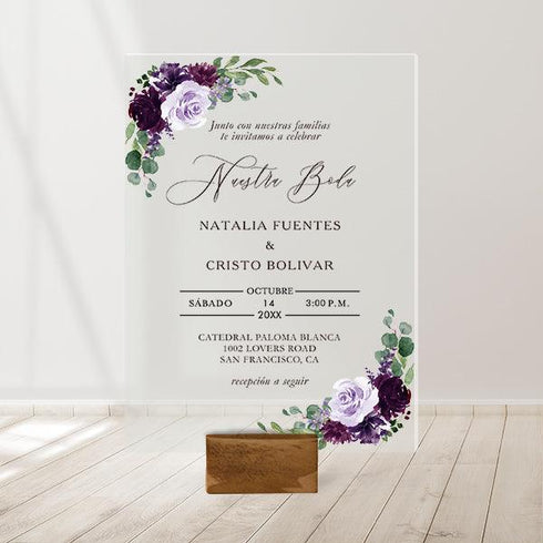 Whimsical Purple Floral Nuestra Boda Invitation Transparent Invitations CWIA142