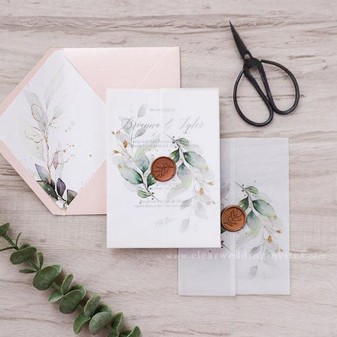 elegant greenery wedding invitations with vellum jacket and wax seal CWIV23