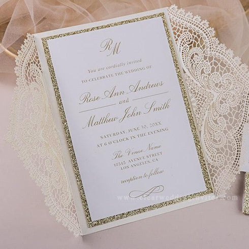 vintage lace monogram laser cut wedding invitations with gold glitter CWIL99