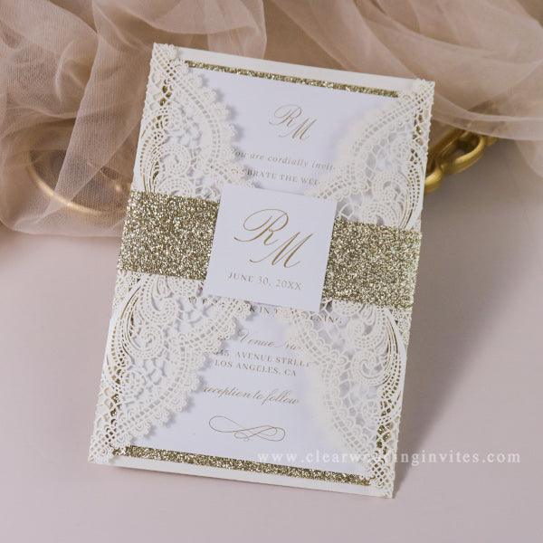 vintage lace monogram laser cut wedding invitations with gold glitter CWIL99