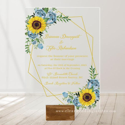 country rustic dusty blue and sunflower acrylic wedding invitations CWIA167