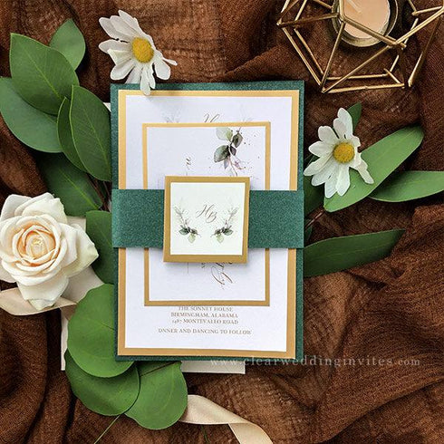 elegant greenery wedding invitations with gold mirror liner CWIF01