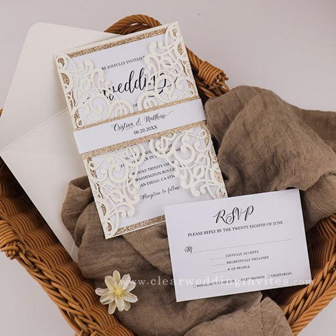 Ivory neutral tones laser cut wedding invitations with gold glittery belly band CWIL68