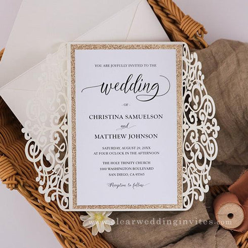 Ivory neutral tones laser cut wedding invitations with gold glittery belly band CWIL68
