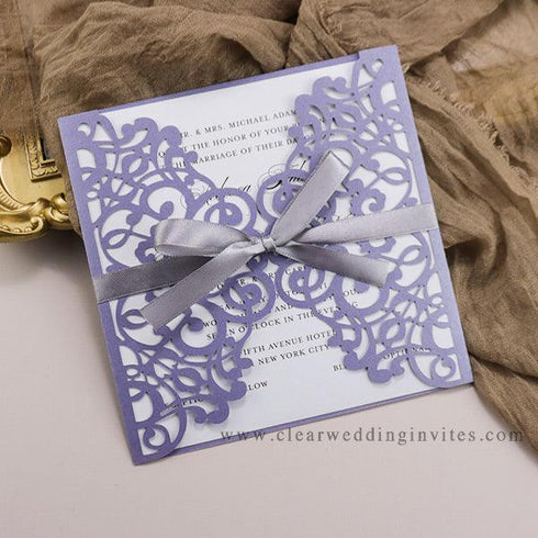 enchanting lavender laser cut wedding invitation with silver gray ribbon CWIL71