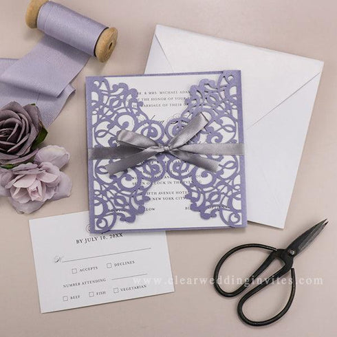 enchanting lavender laser cut wedding invitation with silver gray ribbon CWIL71